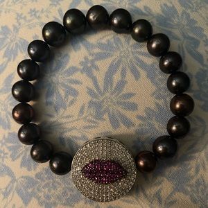 Rarities Carol Brodie Sterling Ruby, Peacock Pearl White Zircon Stretch Bracelet